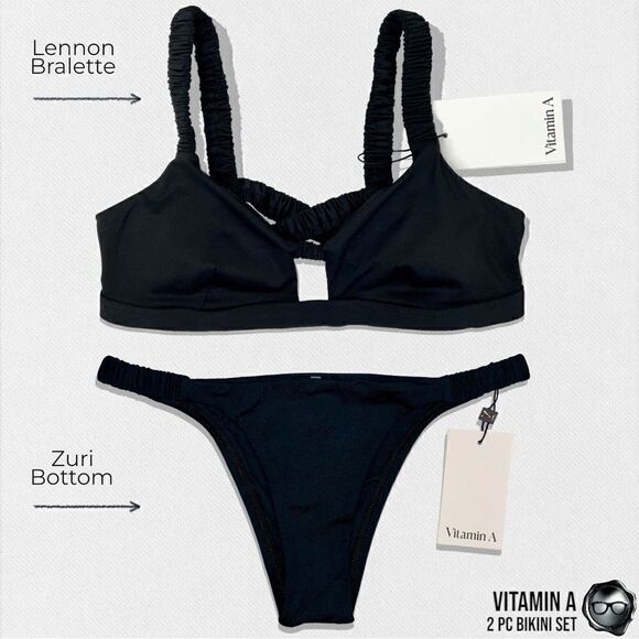VITAMIN A SWIM ECOLUX 2 PIECE BIKINI SET: LENNON BRALETTE + ZURI BOTTOM IN BLACK - Picture 1 of 16